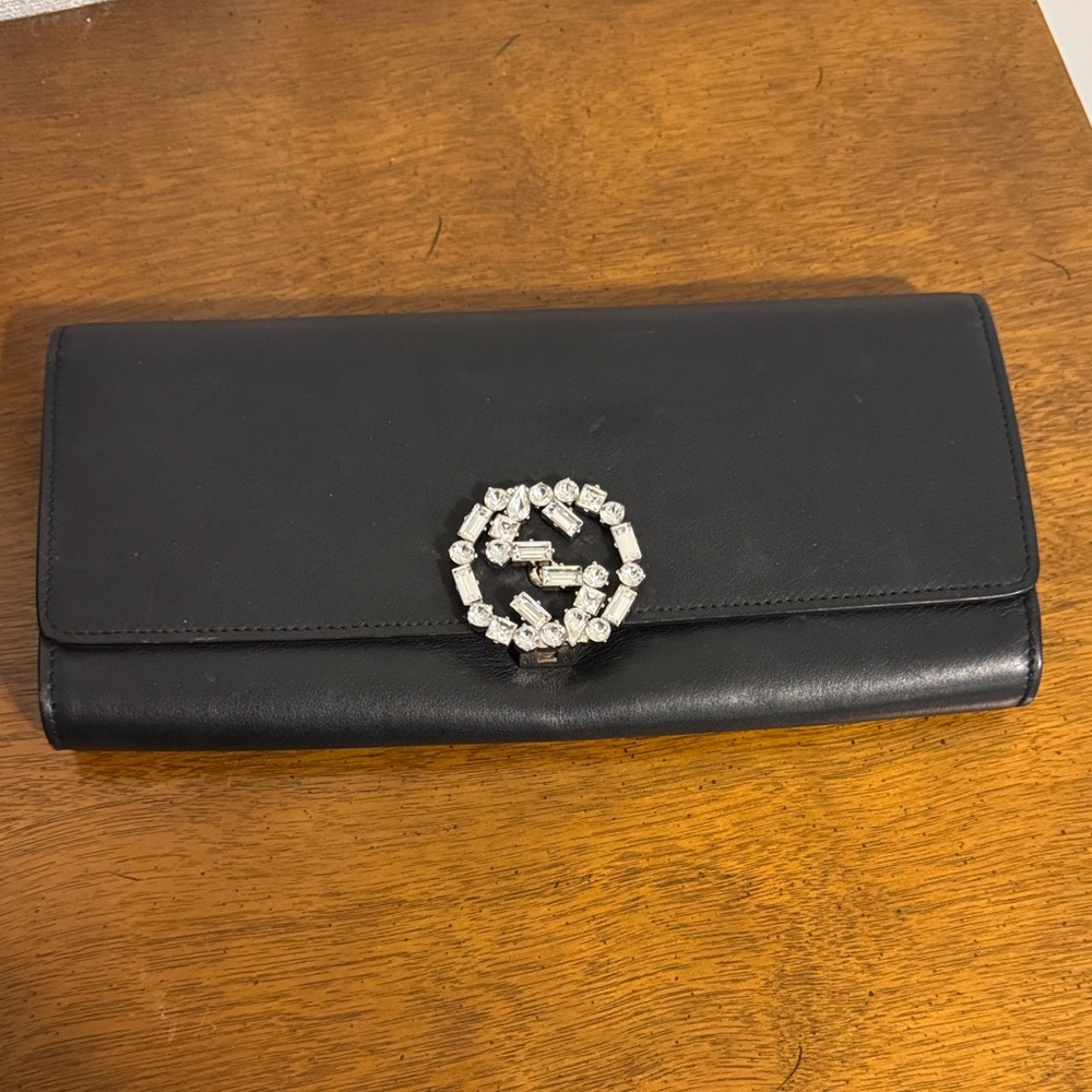 Gucci Leather Crystal GG Clutch – Black